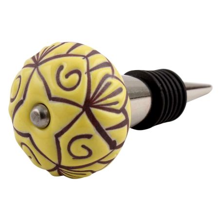 Yellow Base Brown Etched Ceramic Wine Stopper (Pack Of One Piece)